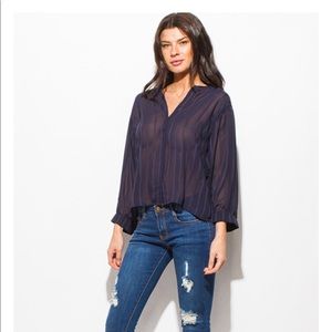 Chiffon sheer striped collarless Navy blouse.